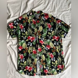 Vacila Men’s Hawaiian Shirt Medium Black Tropical Floral Band Collar